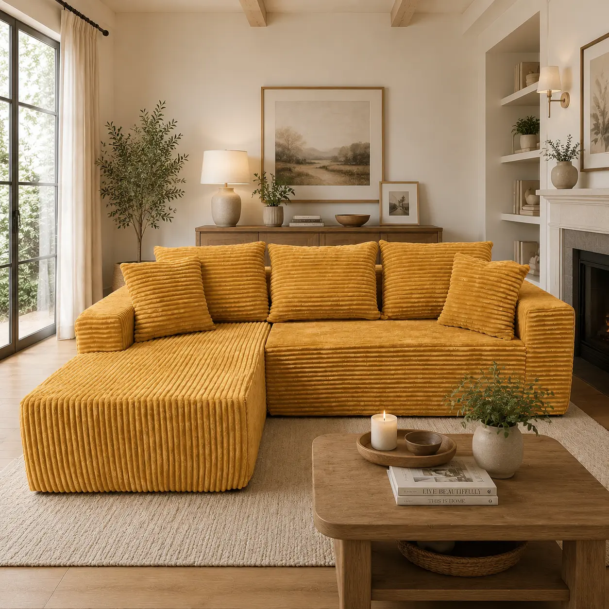 96" Yellow L Shaped Cloud Couch, Modular Sectional modern Sofa for Living Room, Oversized Chenille Boneless Sofa Couch, Deep Seat Comfy Sofa, No Assembly Required, Soft Upholstered Couch Set, Flexible Configuration Furniture