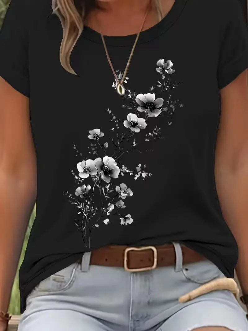 [Floral Print T-Shirt] Watercolor Elegant Floral Pattern Print + Short Sleeves + Round Neck T-Shirt + Spring And Summer Casual Women's Wear