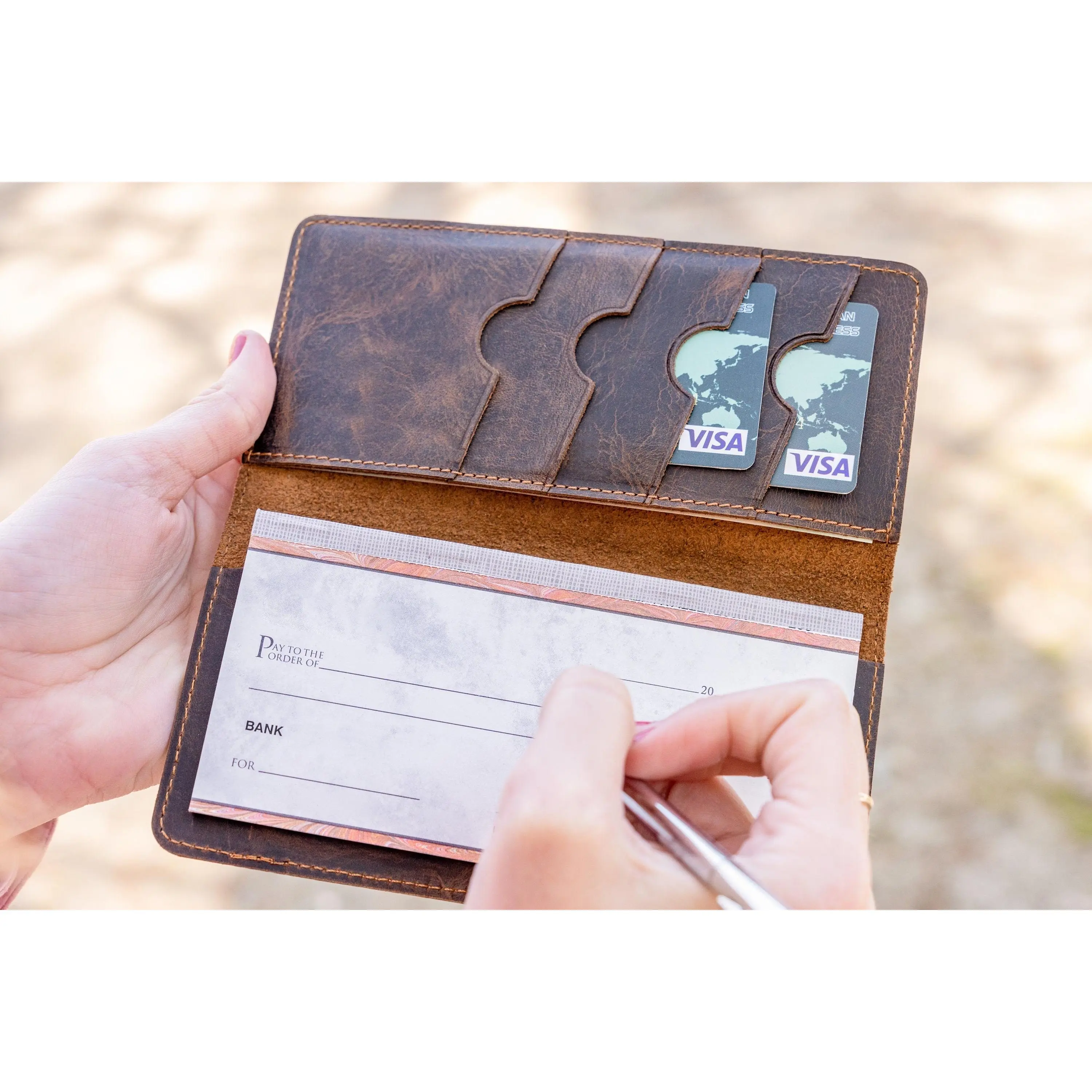 High-Quality Distressed Full-Grain Leather Checkbook Cover - Sized to Hold Standard US Checkbooks, 3.75 x 7 inch, 4 Credit Card Slots, 2 Larger Pockets, Custom Name/Logo, Office Stationery Desk Accessory, Great Gift for Special Person