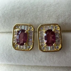 <PingEast jewelry > EDP109----925 Sterling Silver Halo-Style Stud Earrings with 4×5mm Natural Purple Tsavorite Garnets in Gold-Tone Setting. Elegant and Noble, Radiating Grace and Charm