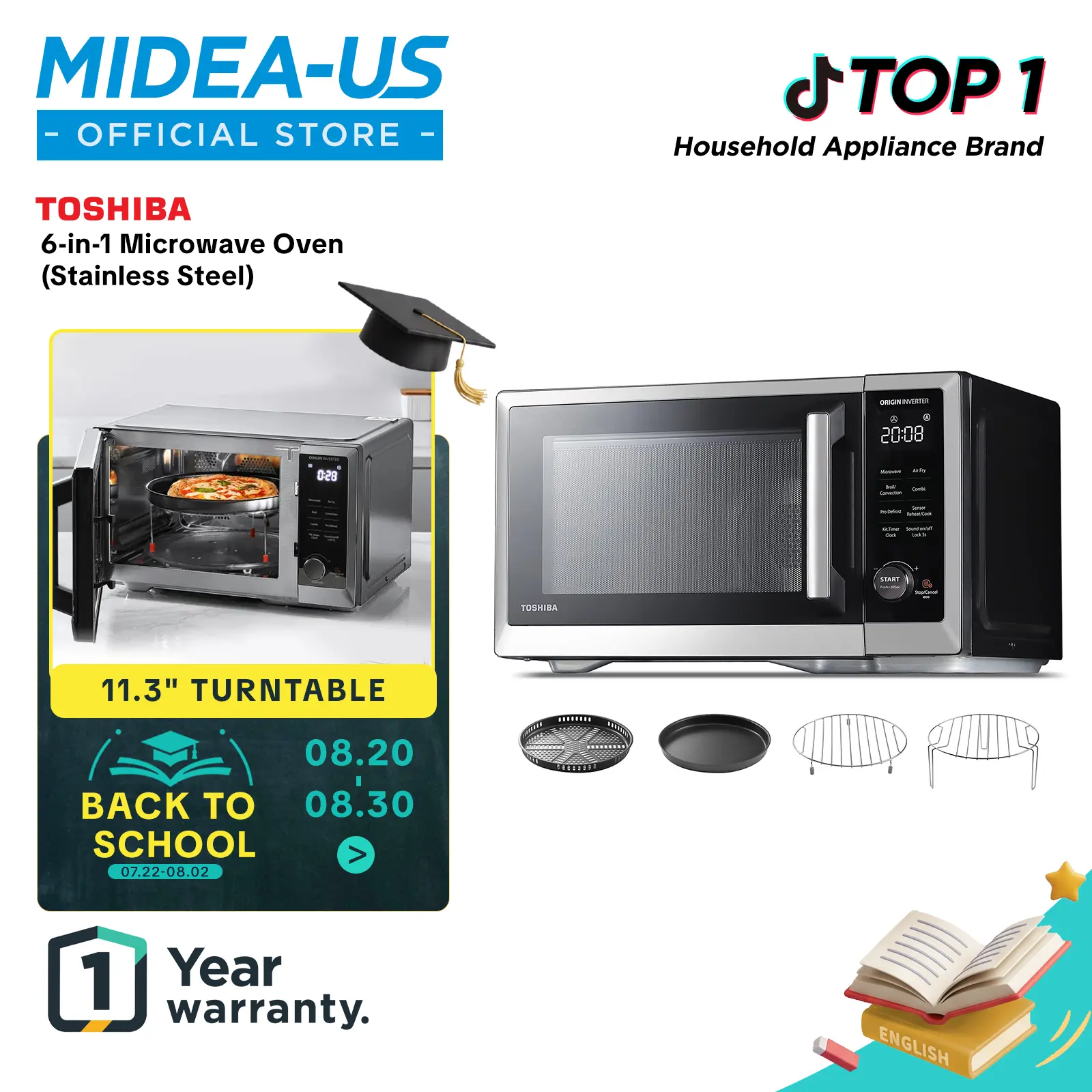 TOSHIBA 6-in-1 Inverter Countertop Microwave Oven Healthy Air Fryer Combo, MASTER Series, Broil, Convection, Speedy Combi, Even Defrost 11.3'' Turntable Sound On/Off, 27 Auto Menu, New Arrivals