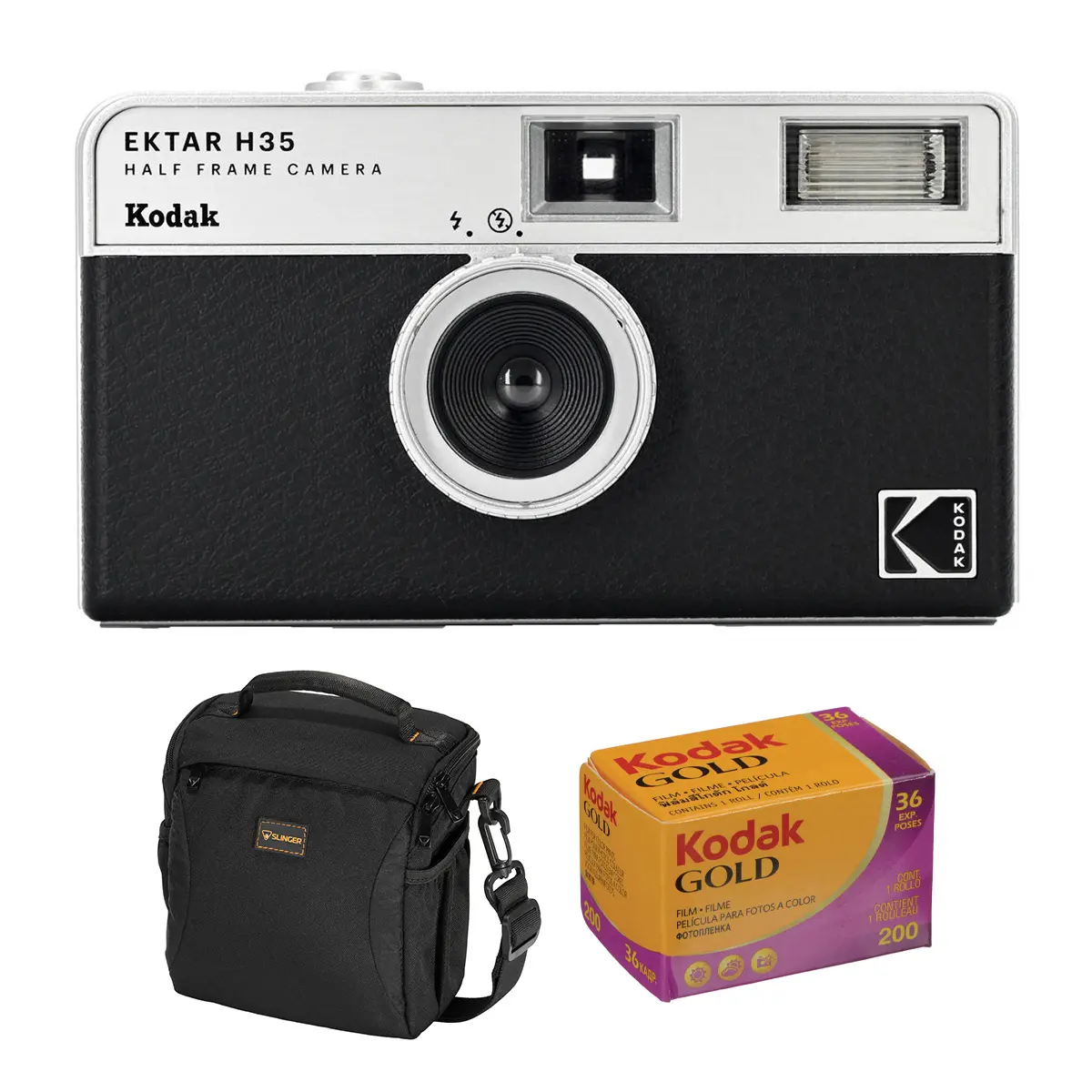 Kodak EKTAR H35 Half Frame Film Camera, Black, Bundle with Kodacolor Gold 200 35mm Color Negative Roll Film and Slinger Alpine Shoulder Bag