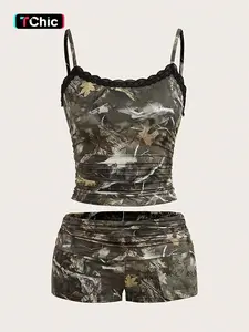 Women's Camo Print Cami Top & Shorts Two-Piece Set, Casual Fashion Cozy Two Piece Outfits for Daily Outdoor Wear, Ladies Clothes for All Seasons