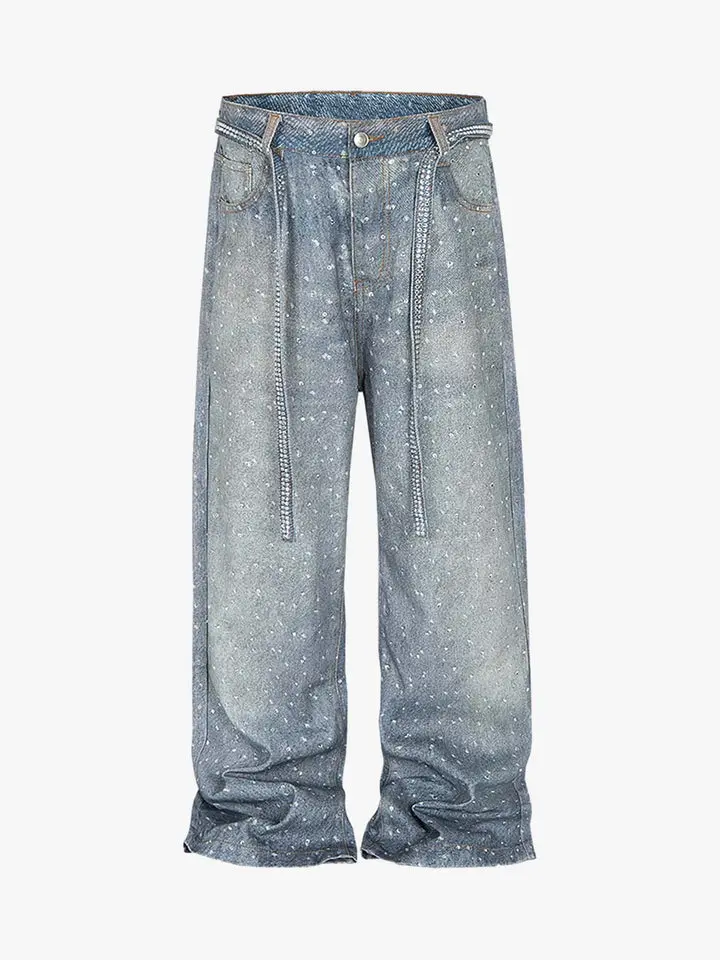 Supermade Men's Casual Street Style Jeans, Distressed Print Denim Pants with Diamond Decorated Belt, Menswear, Graphic, Stylish, Jeans Pants, Diamond Accents, Denim Fabric, Multi-Size