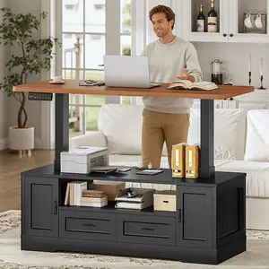 SEDETA 47.2 Inch Electric Standing Coffee Table with Storage Foldable Farmhouse Lift Top Coffee Table with Drawers Open Shelves Height Adjustable Tables with Power Outlet