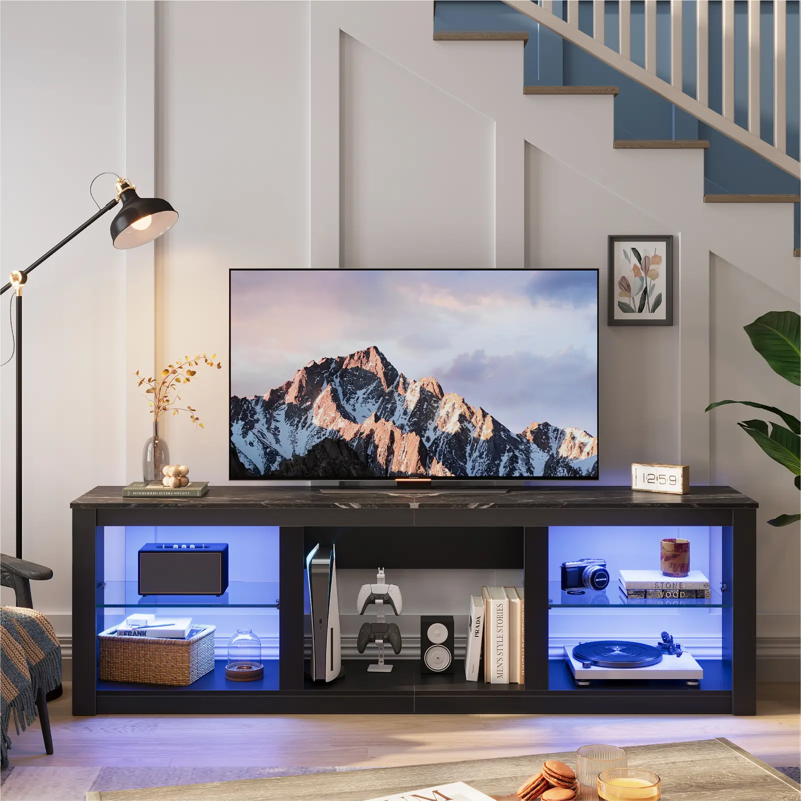 Bestier 70 Inch TV Stand for TV up to 80", LED Entertainment Center with Glass Shelves for Living Room