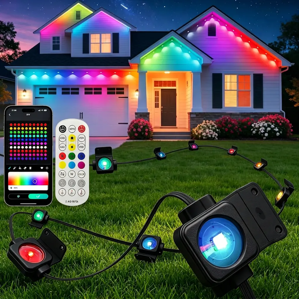 300FT permanent outdoor light, RGB eaves light with APP remote control, DIY scene mode IP67 waterproof outdoor eaves lighting, garden atmosphere decoration outdoor light