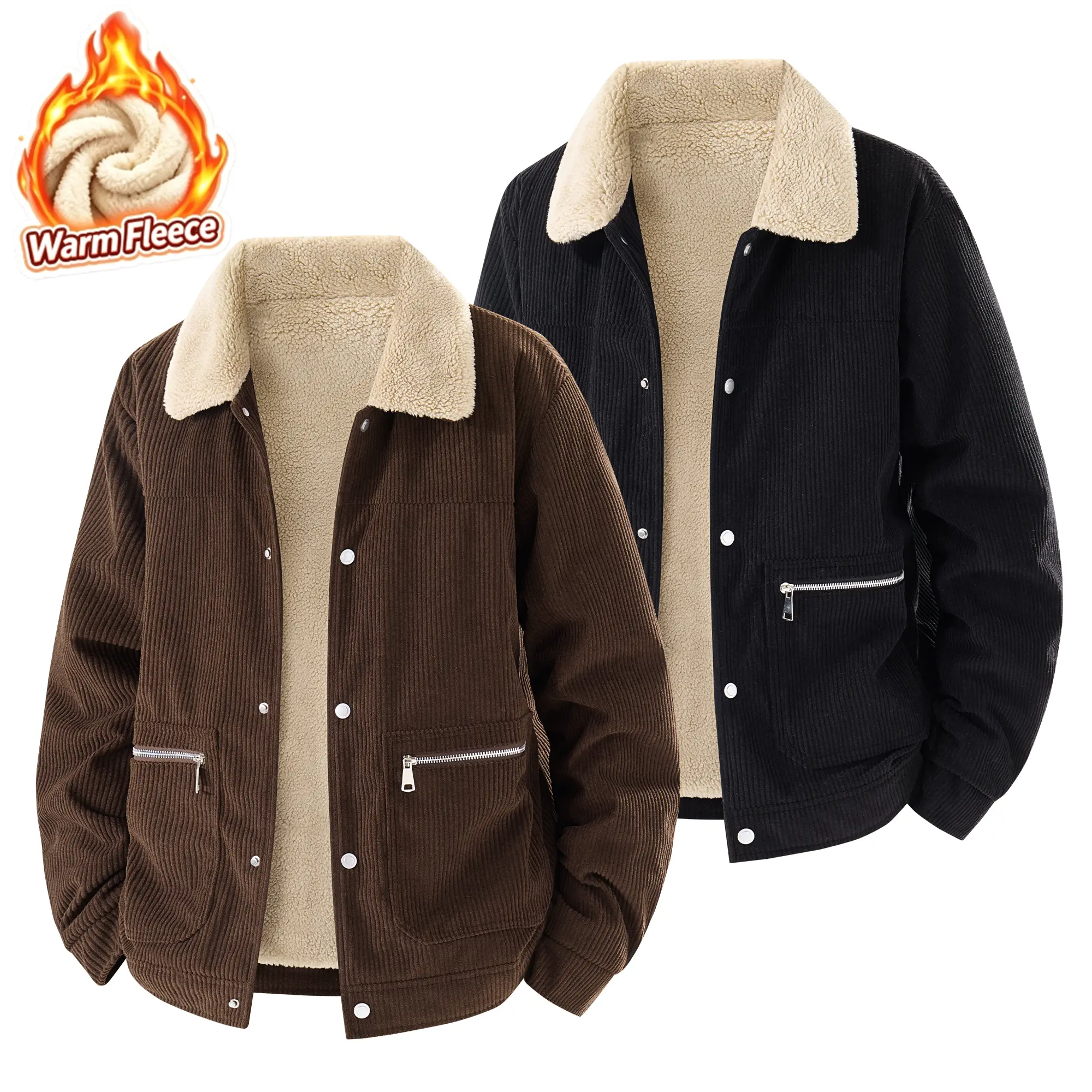 Men’s vintage corduroy jacket for autumn/winter, faux shearling collar, fleece-lined and thickened, zippered pockets, loose fit, warm outerwear
