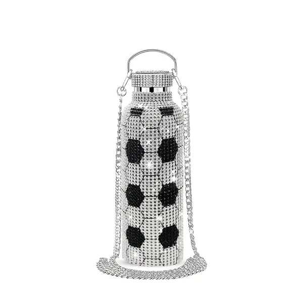 Soccer Bling Water Bottle Stainless Steel Thermal Bottle, Insulated Refillable Glitter Water Bottle with Chain, Great Gift Idea for Girls(500ml/16.9 oz) Drinkware Flasks Tumbler Container Reusable Bottled Mug Portable Rhinestone