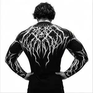 Breathedivinity Men's Compression Long Sleeve Gym Shirt Quick Dry Breathable Athletic Workout Top Gothic Lightning Print Muscle Fit Fitness Tee