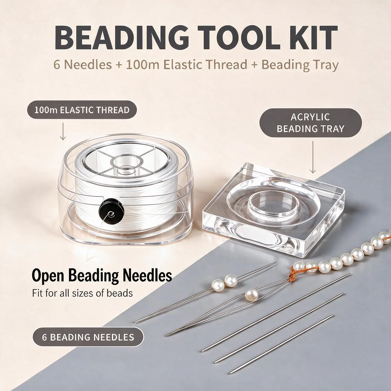 Beading Tool Kit, 100m Elastic string Bracelet Cord, Acrylic Beading Tray, 6 Open Beading Needles, Jewelry Making Supplies, Bracelet Making Kit, DIY Craft Supplies, Beading Supply, Bead Art Kit, DIY Project