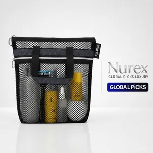Nurex Mesh Shower Bag 10.2x9.9 Quick-Dry Caddy with Zipper & 2 Pockets Portable Toiletry Tote for Bathroom Gym Travel Camp Beach for Sunscreen Dorm & College Essentials (Black)