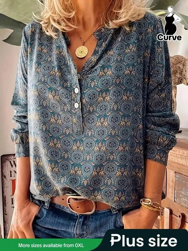【Plus Size】 Ethnic Pattern Notched Neck Blouse, Boho Casual Long Sleeve Button Front Top for Spring & Fall, Women's Clothes for Daily Wear, Fall Clothes 2024Gift