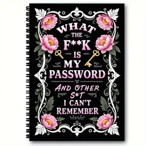 Spiral - Bound Notebook with Black Cover, Decorative Pink Peonies & White Ornate Designs, Text 'WHAT THE  IS MY PASSWORD AND OTHER S**T I CAN'T REMEMBER' with Golden Keys - Whimsical Humorous Journal for Notes & Memory Tracking Spiral Bound Notepad