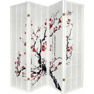 Room Divider 4, 6, or 8 Panels Red Blossom Design White Color