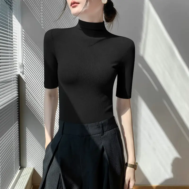 Turtleneck Sweater Bottom Shirt Women's Medium Sleeve Short Sleeve Tops Spring Summer Autumn Slim Black Knit Inside t-shirt Soft