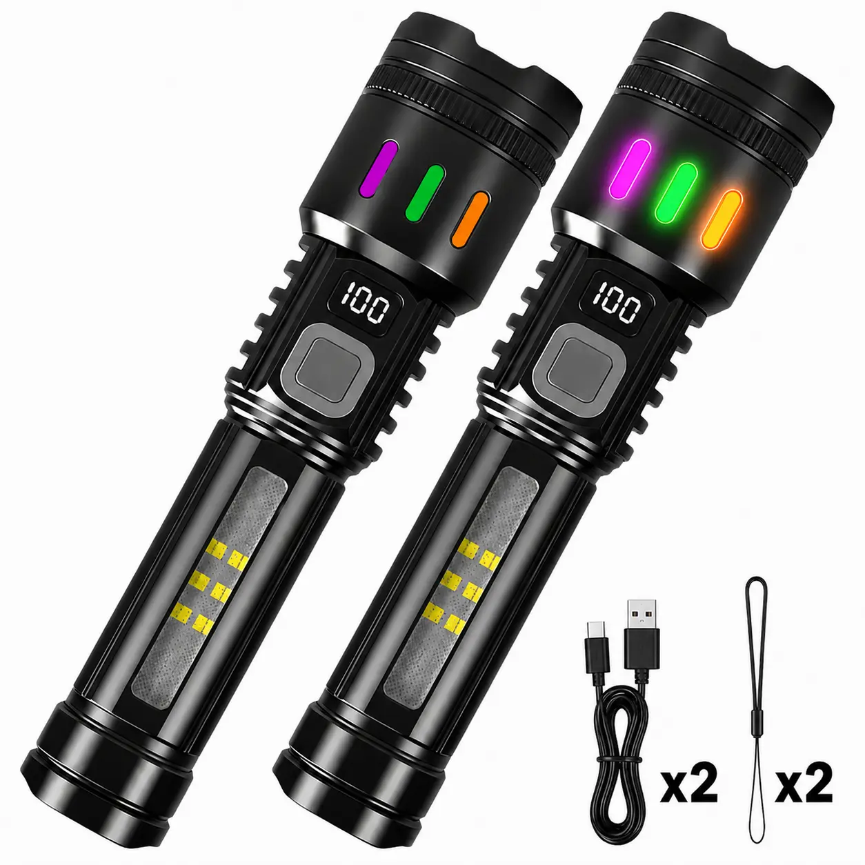 2 Pack LED Flashlights, Zoomable Handheld Flash Lights with COB Sidelight, Digital Display, USB-C Rechargeable Adjustable Modes for Car Repairs, Everyday Home Use, Backup Lighting & Gifting