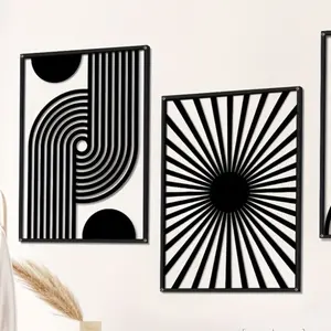 3-piece set of black Bohemian wall art, black metal abstract wall art, Hanging Wall Art, modern geometric minimalist wall decoration, geometric bathroom curtains, durable home decor