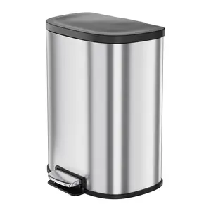 50L (13.2 Gal) Stainless Steel Step Trash Can - D-Shaped Pedal Bin - Soft-Close Lid - Removable Inner Bucket - Fingerprint Resistant - Ideal for Kitchen, Bathroom, Living Room, Bedroom