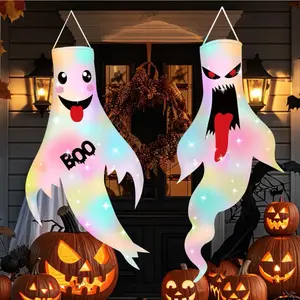 LED Light Halloween Ghost Windsocks Decorations - 2Pcs 47" Outdoor Hanging Décor for Home