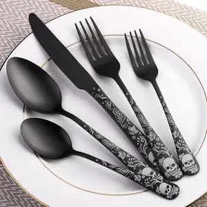 Gothic Stainless Steel Flatware Set, Tableware Kit, Dinnerware Sets, Skull & Rose Pattern Cutlery, Includes Spoon Fork Knife, Ideal for Festive Parties, Perfect Gift Idea