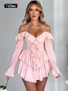 Women's Plain Off Shoulder Ruffle Halter Neck Fitted Vintage Romper, Back To School Outfits Womenswear, Lady Summer Clothes, Sexy Flounce Sleeve Romper for Spring & Fall, Holiday Outfits 2024