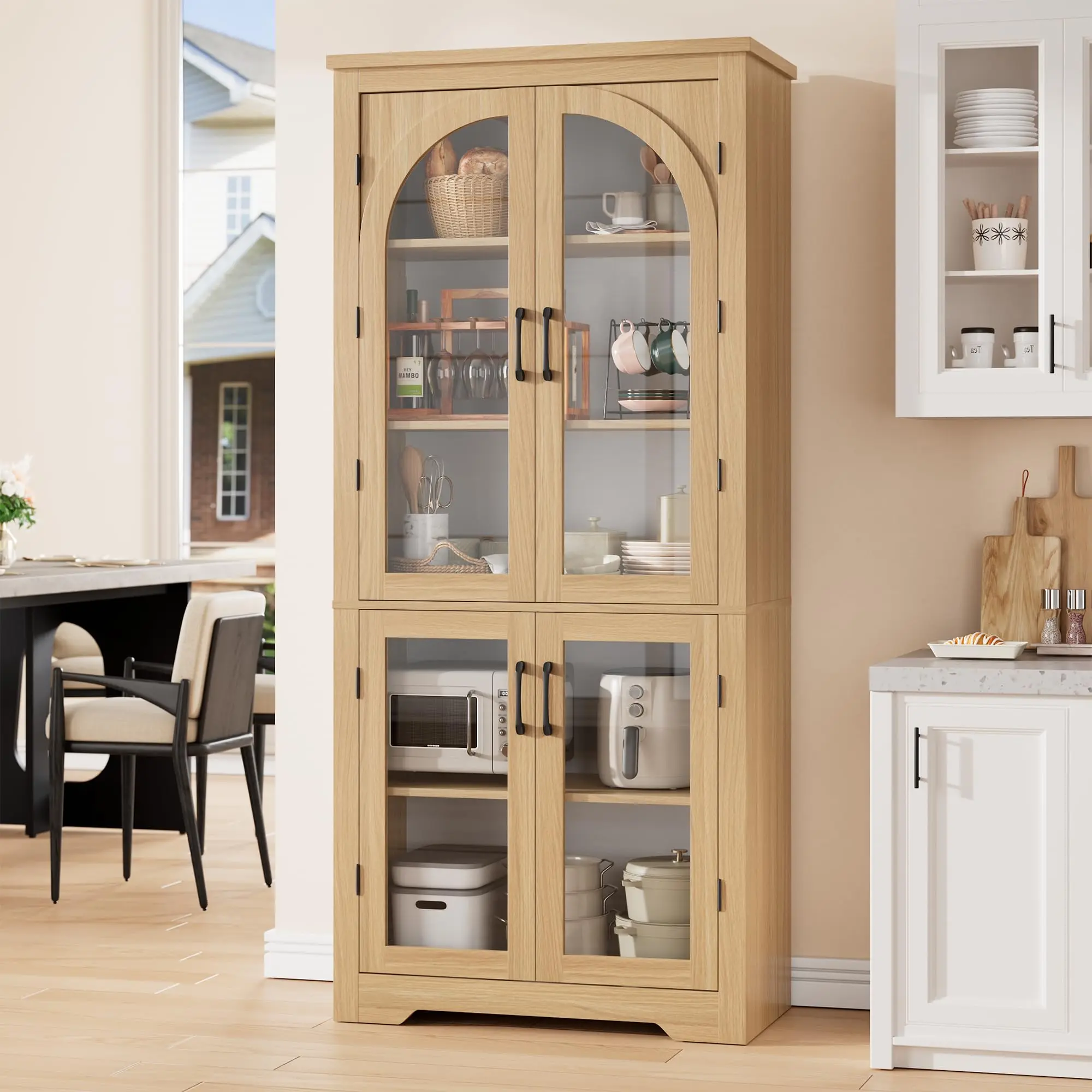 Garvee Engineered Wood Tall Kitchen Pantry Cabinet - 70.08" H, 31.5" W x 15.55" D, 4 Arched Glass Doors, Adjustable Shelves, Anti-Tipping Devices, Metal Handles, 109.57 Lbs, Assembly Required Organizer for Kitchen, Tall Cabinet Dining Room Furniture
