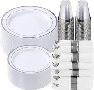 350 Piece Silver Plastic Dinnerware Set for 50 Guests, Fancy Disposable Plates for Party, Include: 50 Dinner Plates, 50 Dessert Plates, 50 Pre Rolled Napkins with Silver Silverware, 50 Cups