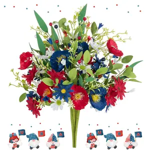 4th of July Decorations: Red White and Blue Flowers Patriotic Decoration for Table Centerpieces Poppy Daisy Artificial Bouquet Home Memorial Day Party Decor (Vase not Included)