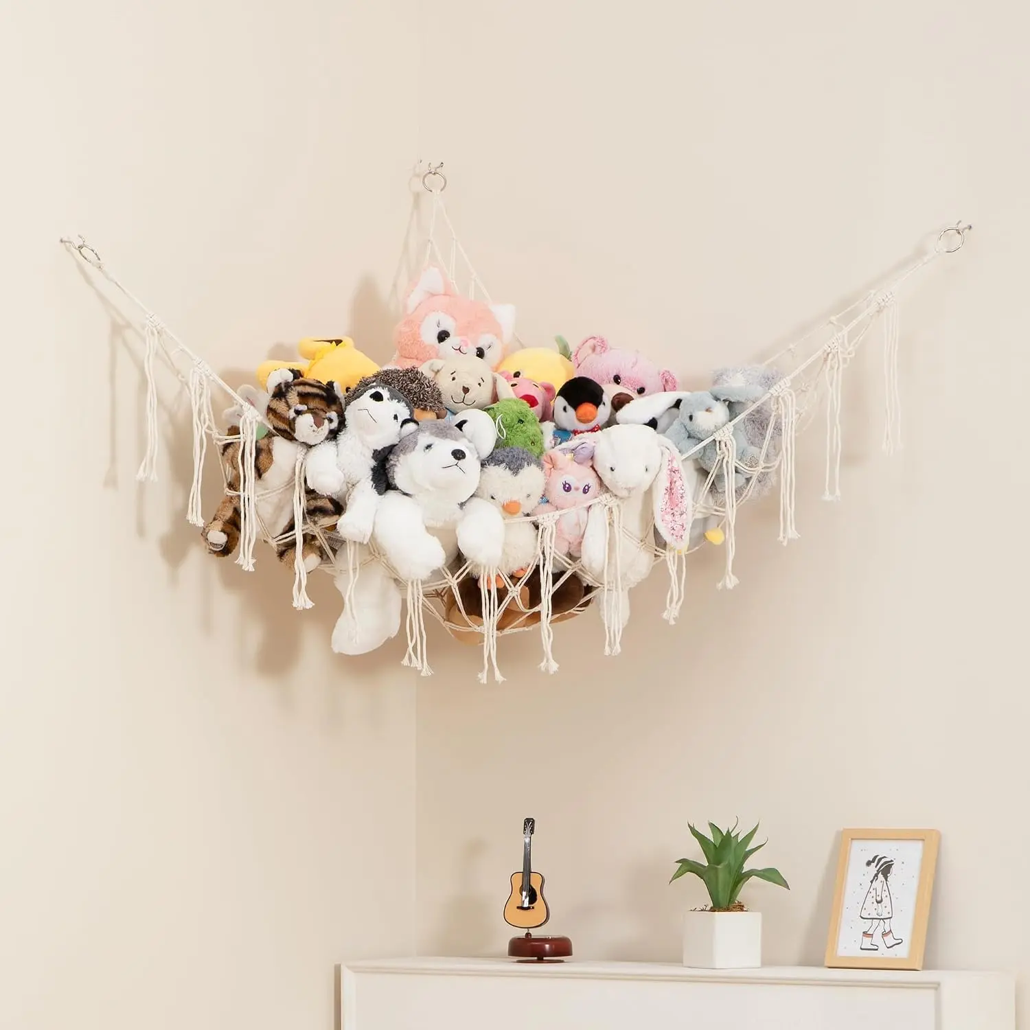 Large Macrame Stuffed Animal Storage Hammock | Holds 12 lbs | Corner Stuffed Animal Organizer | Plushie Net for Stuffed Animals | Stuffy Storage, Cute Bedroom, Room Decor | White