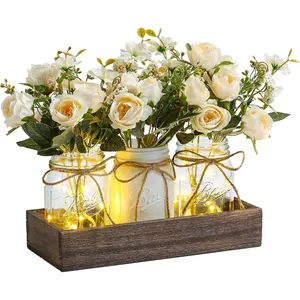 3 Pcs Mason Jar Centerpiece Table Decorations for Dining Table Decor Farmhouse Coffee Table Decor with Wood Tray and Led Light Table Centerpieces for Dining room Kitchen Living Bathroom,White