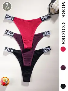 3 Pack Sexy Women's Thong Panties, Comfortable Skin-Friendly Plus Size Underwear, Letter Waistband Design, Casual Style