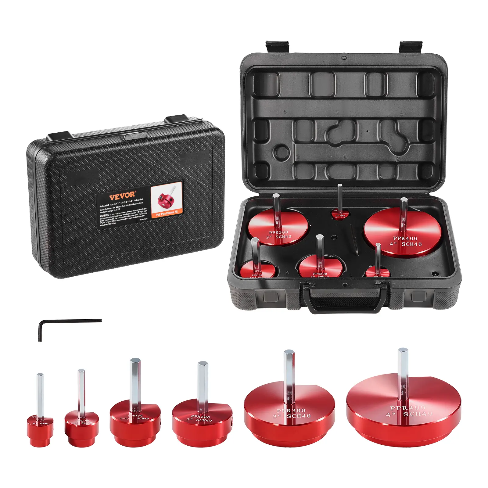 【BackToSchool】VEVOR PVC Pipe Reamer Kit, Aluminum Alloy, PVC Pipe Fitting Reamer Plumbing Tools Kit, PVC Socket Saver for SCH 40, Contains 3/4", 1", 3/2", 2", 3", 4'', for Water Lines, Drain Lines, Vent Lines
