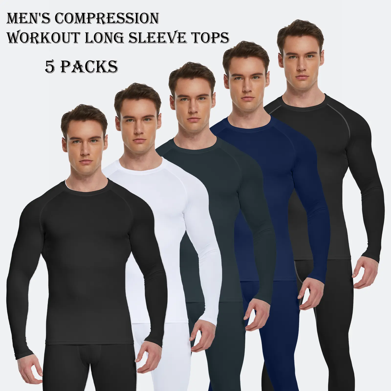 5 Pack Men's Long Sleeve T Shirts Workout Tops for Men Compression Shirts Long Sleeve Athletic Base Layer Undershirt Gear Gym Clothes Men for Football Running Gym Basketball Sports Athlete backtoschool