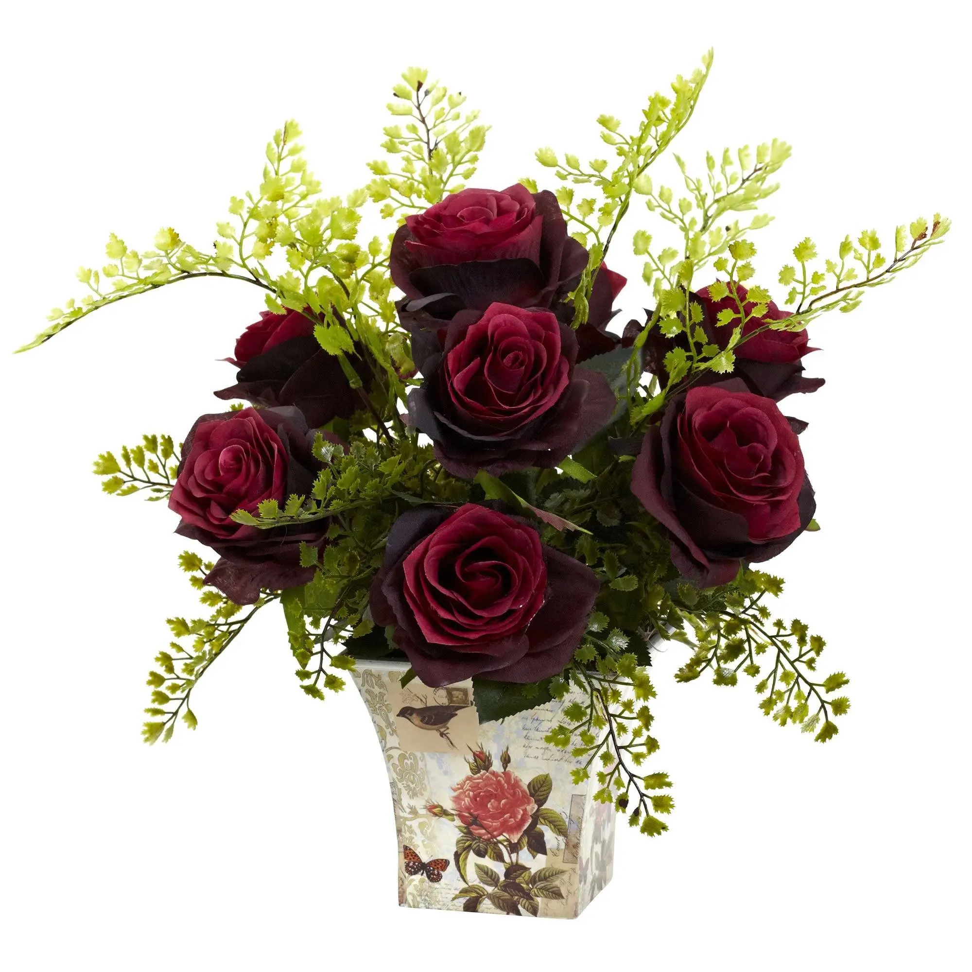 Artificial Mixed Rose & Maiden Hair Flower Arrangement - Decorative Fake Flower Decor with Floral Planter, Home Supplies Artificial Plants, Flowers