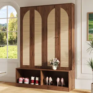 Farmhouse Widen Hall Tree - 4-Rattan-Door 4-In-1 Seating Bench with 6 Hooks, Mid-Century Entryway Shoe Cabinet with Adjustable Shelf for Living Room