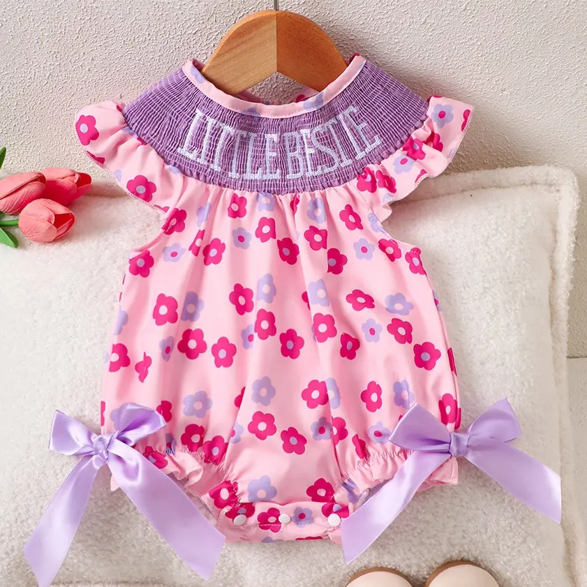 Baby Girl Bodysuit Floral Print Smocked Bodysuit with Bowknots, Cute Infant Short-Sleeve One-Piece for 0-18M Newborn Girls FT103201