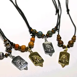 Bee Charm Ceramic Beaded Stainless Steel Silver or Gold Boho Hippie Whimsical Adjustable Black Rope Cord Choker Stacking Necklace