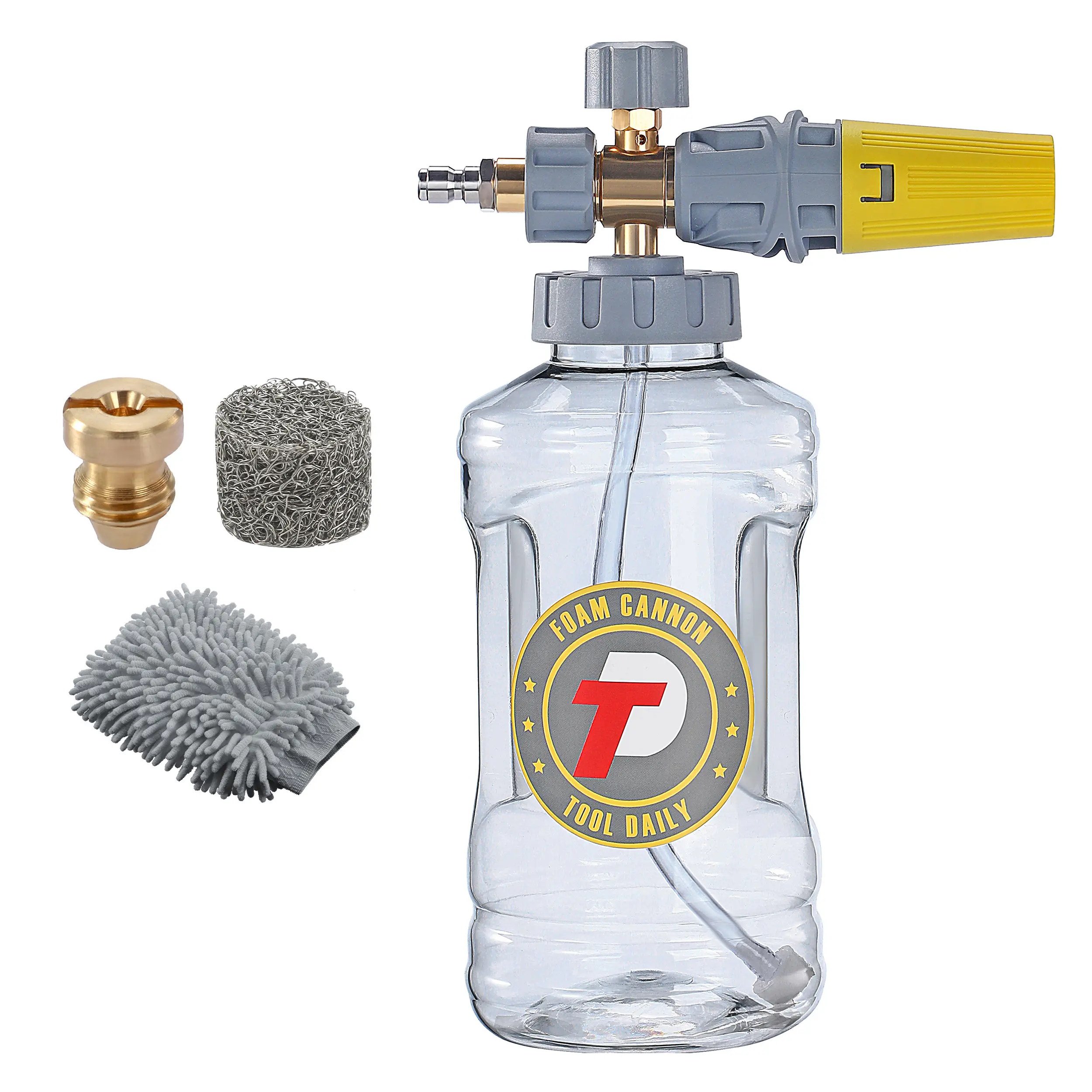 Tool Daily Foam Cannon Kit with Thick Foam Car Wash Mitt, Adjustable Pressure Washer Gun, M22-1/4 Inch Quick Connect, 1.1mm Orifice Nozzle, 1.5L Wide Mouth Snow Lance for Windows, Driveways