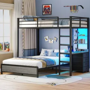 ADORNEVE Twin Over Full Bunk Bed with Desk and Charging Station LED Bunk Beds with Storage Drawers and Shelves Loft Bed with Safety Guardrail Ladder