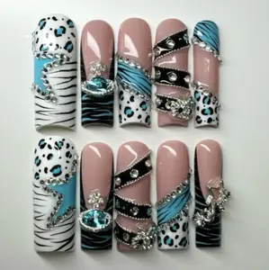 yonne Teal Leopard Crystal Press-On Nails, Zebra & Animal Print Mix, Rhinestone Detail, Glam Statement Nails