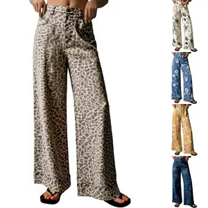 FMEYOA Women's Floral Baggy Wide Leg Jeans Casual High Waisted Boyfriend Vintage Boho Denim Pants with Pockets