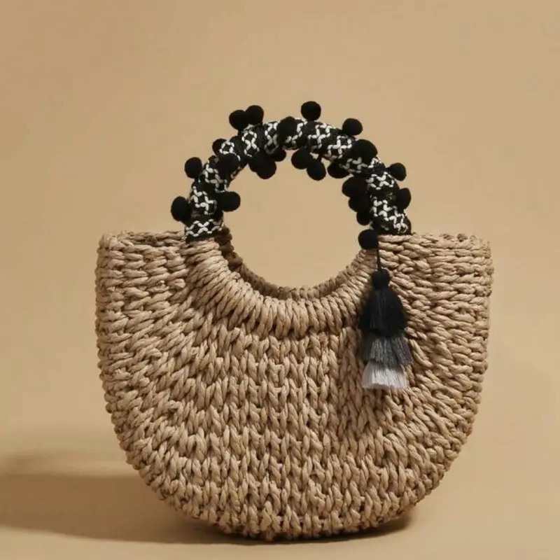 Rattan Handbag with Floral Print Handle and Tassel Detail for Women's Summer Style