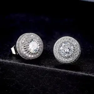 1 pair of men's round shiny micro-embedded hip-hop earrings - fashionable and eye-catching men's jewelry niche light luxury high-end earrings Silver Moissanite gifts for girlfriend black friday 2025 Thick Studs