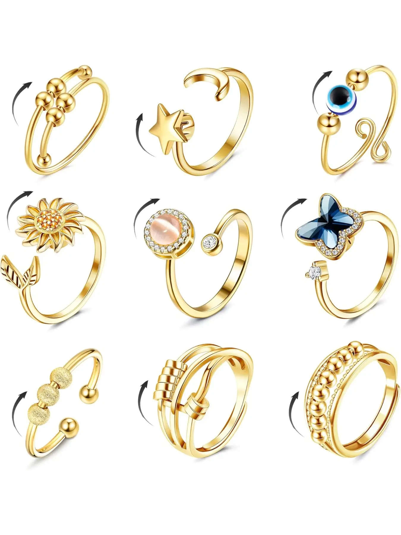9 Pcs Fidget Anxiety Relief for Women & Men, Spinner Ring Set with Cz Flower Moon Star Design, Adjustable Anti-Rotatable Jewelry Gift, Sunflower Fidget Ring, Spinning Ring