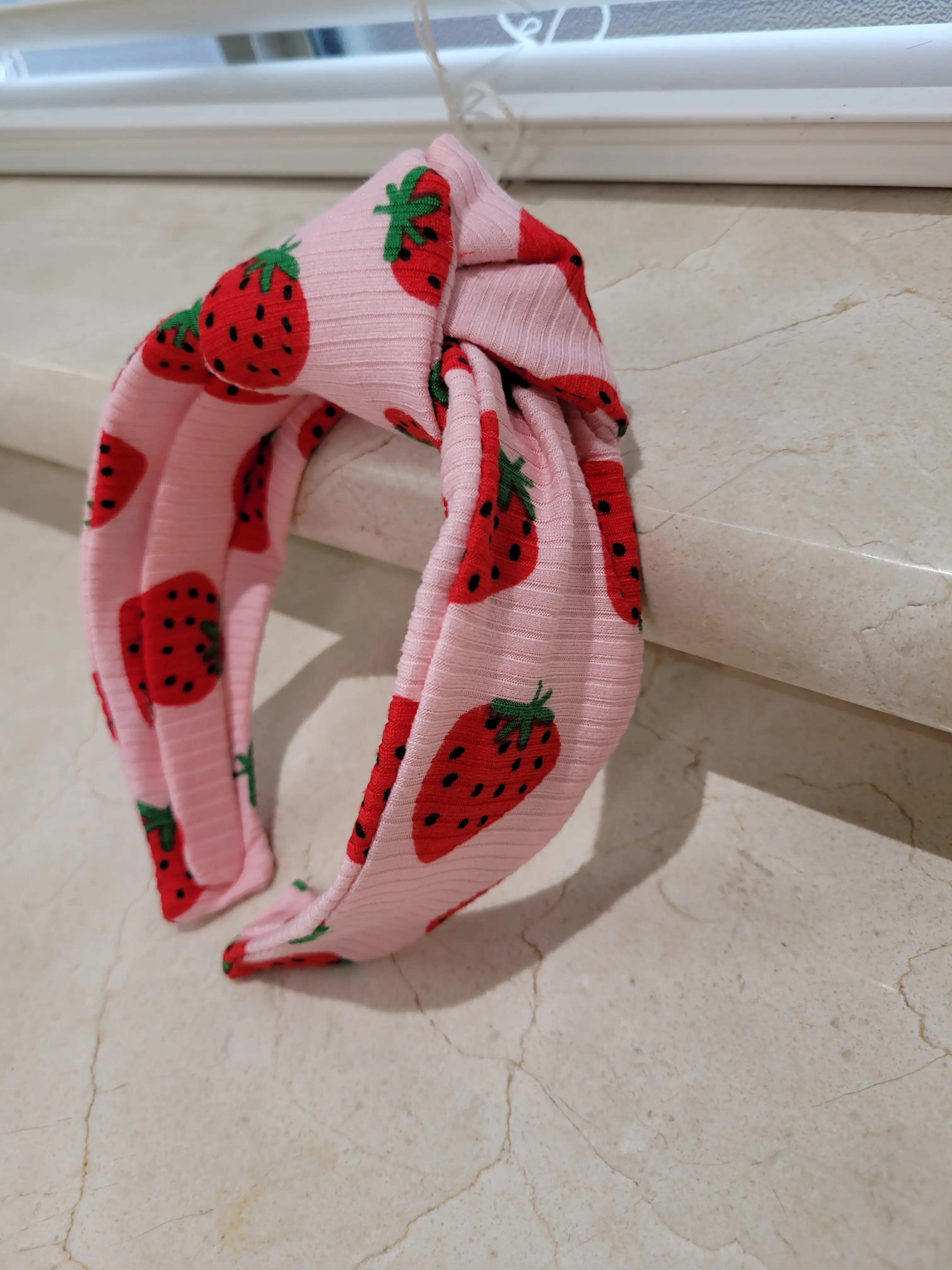 Pink red strawberry print top knot headband ribbed fabrics