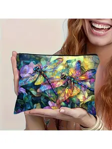 Sanrio Vibrant Dragonfly & Floral Pattern, Multi-Functional Travel Makeup Bag, Cosmetics Organizer, Zippered Pill Organizer, Emergency Snack Pouch, Polyester Zippered Storage Bag, Machine Washable Design, Fits Toiletries, Sanitary Pads
