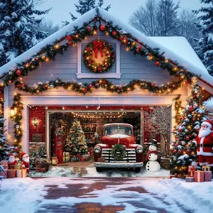 Christmas Theme Garage Door Curtain, Vintage Car Snowman Decoration, Festive Atmosphere, 2D Flat Print, Holiday Essential