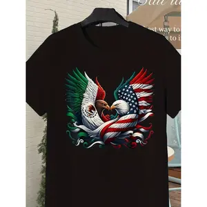 Mens Vintage Mexican American Flag Eagle and Serpent Graphic Tee with Artistic Sun Retro Style Crew Neck and Plus Size Machine Washable Casual Sport Wear