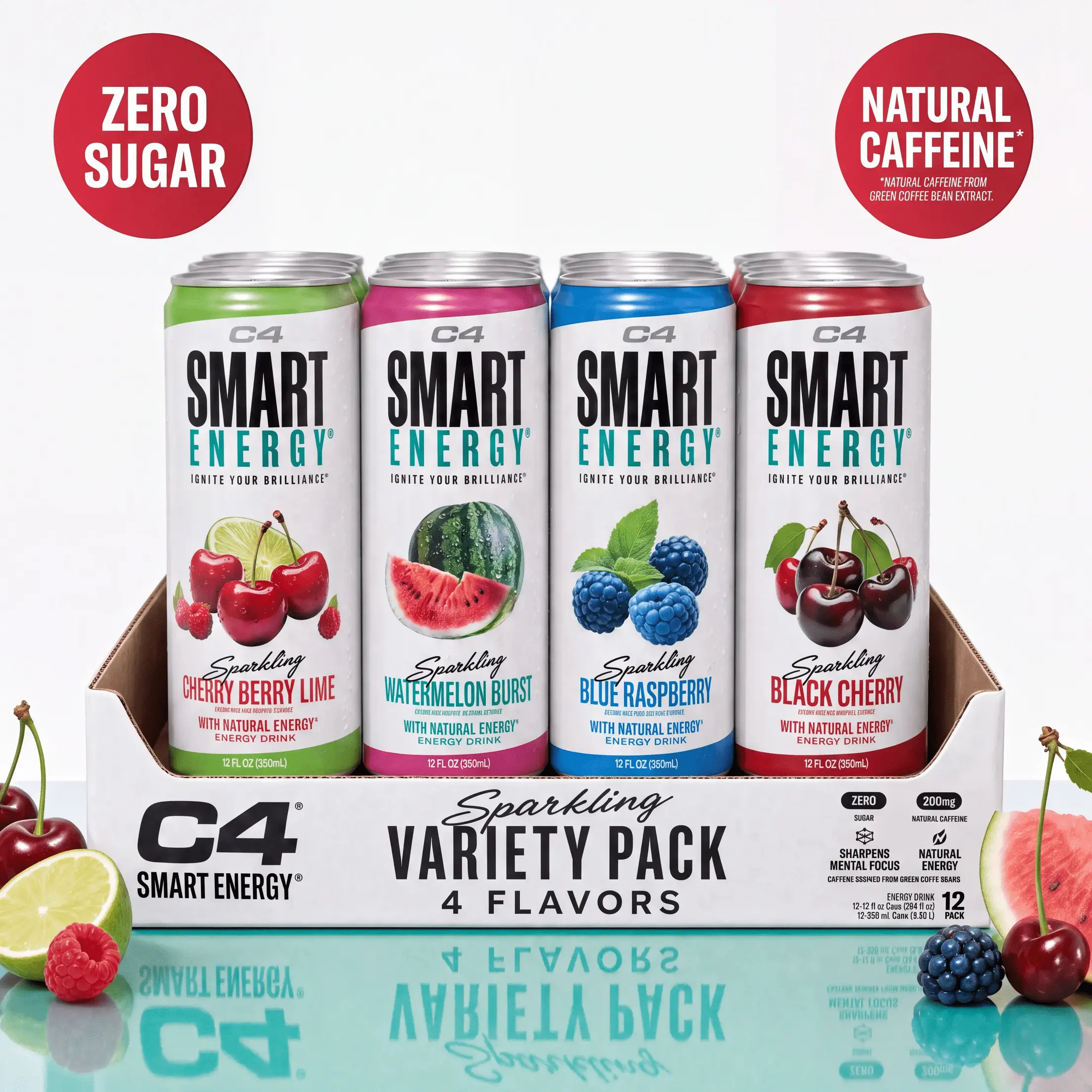 C4 Smart Energy Sparkling Beverage - Berry Breeze Variety Pack, Natural Caffeine, Zero Sugar, 200mg Caffeine - Cognizin & N-Acetyl Tyrosine for Focus, 12oz 12 Pack